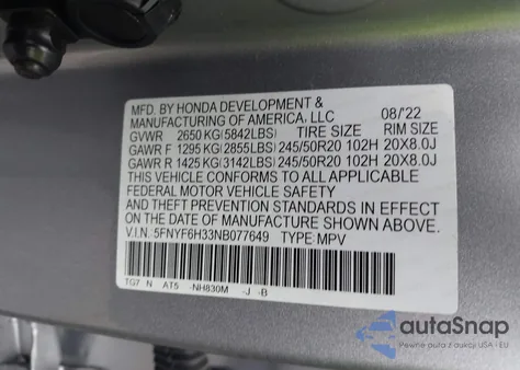 2022 Honda Pilot Awd Sport from USA, damaged, VIN 5FNYF6H33NB077649